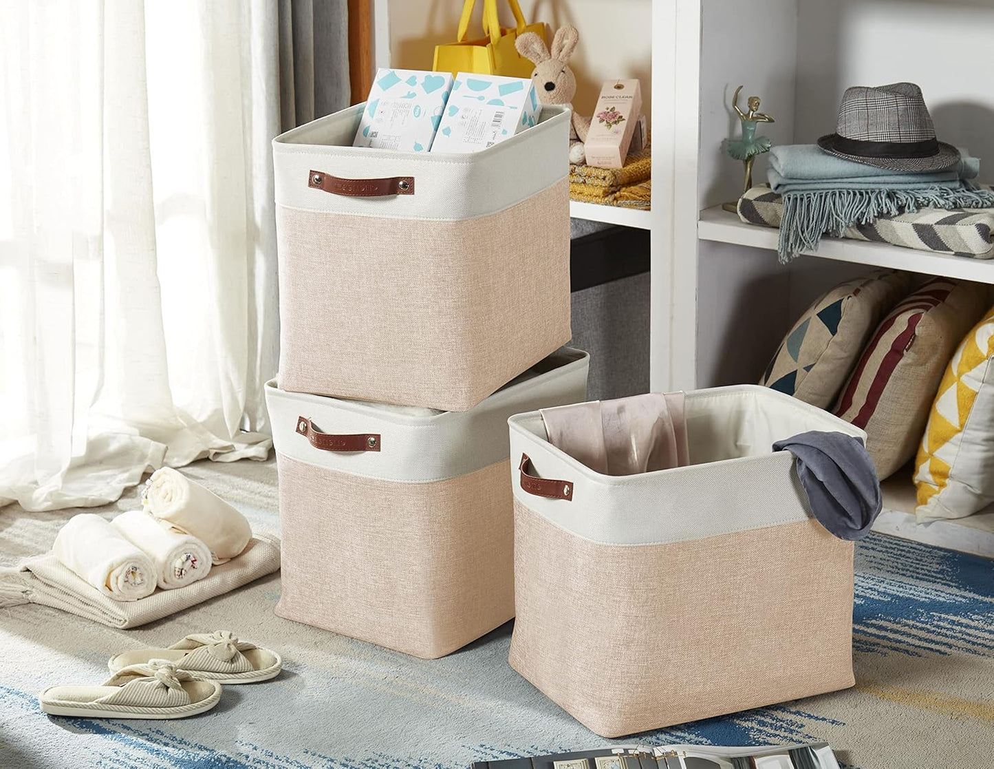 DECOMOMO Extra Large Storage Baskets 54.5L Fabric Storage Bins for Organizing Linen Closet, Toys, Nursery (Beige and White, XXXL - 3 pack)
