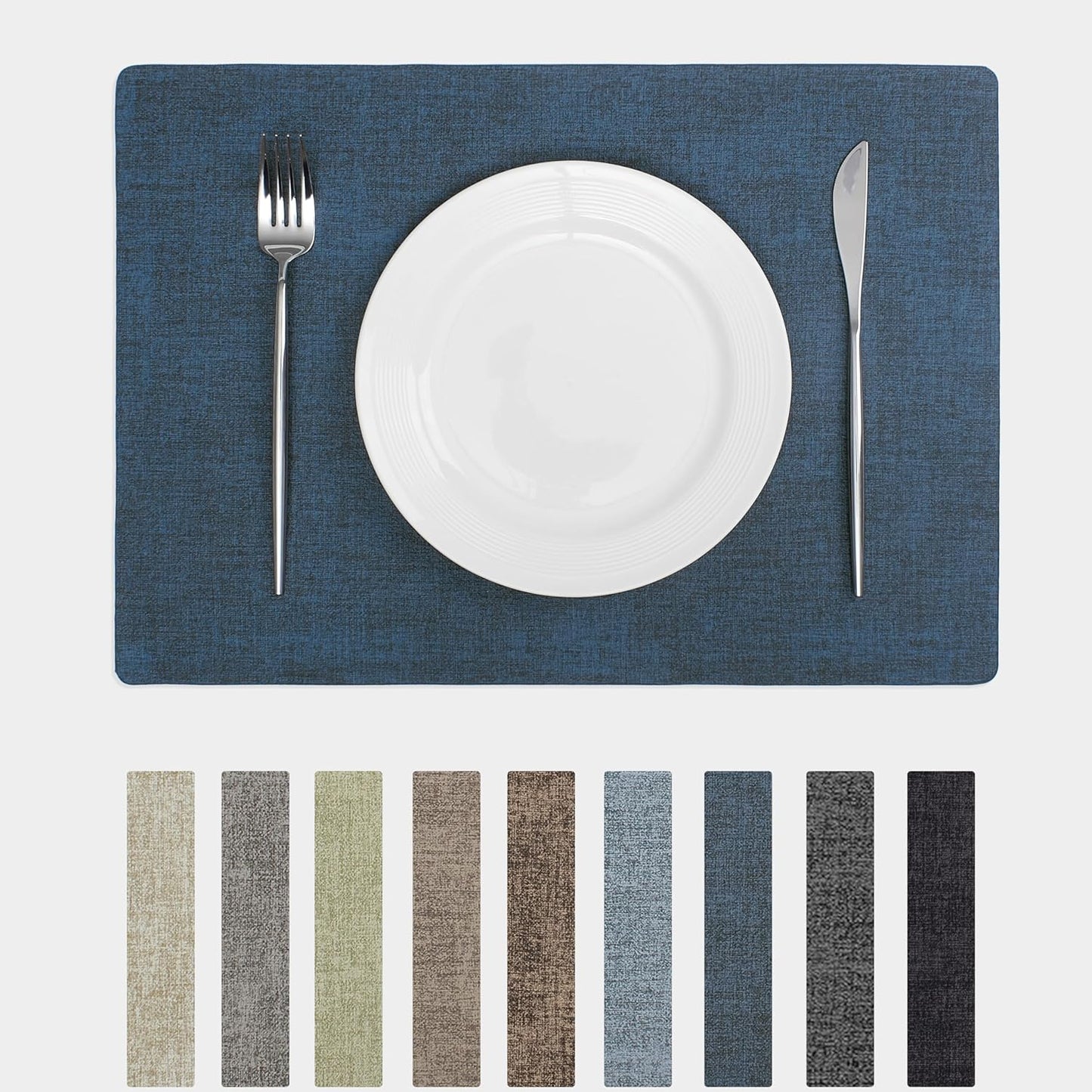 Chrysameld Vinyl Placemats Set of 6 - Faux Leather 100% Waterproof Oil-Proof Wipeable PU Place Mats, Heat Resistant Anti Slip Reversible Table Mats for Indoor & Outdoor Use,(17×12Inch, Navy Blue)