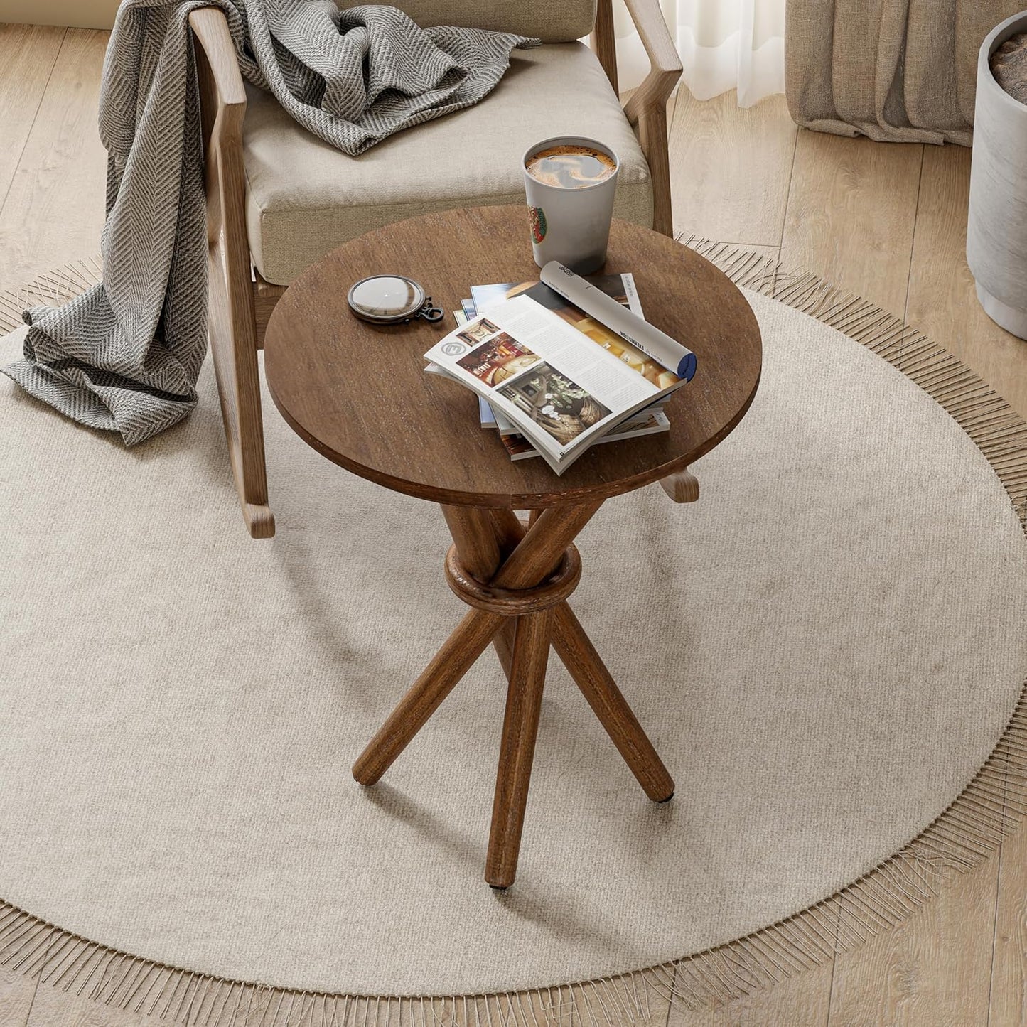 Round Wood End Table Farmhouse Wooden Side Table Rustic Plant Stand with Bundled Legs for Living Room, Office, Walnut