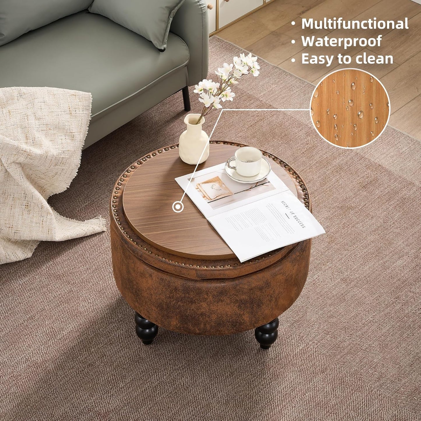 PU Leather Round Ottoman with Storage, Upholstered Tufted Storage Footstool, Modern Wooden Coffee Table for Living Room, Bedroom,Light Brown(PU)