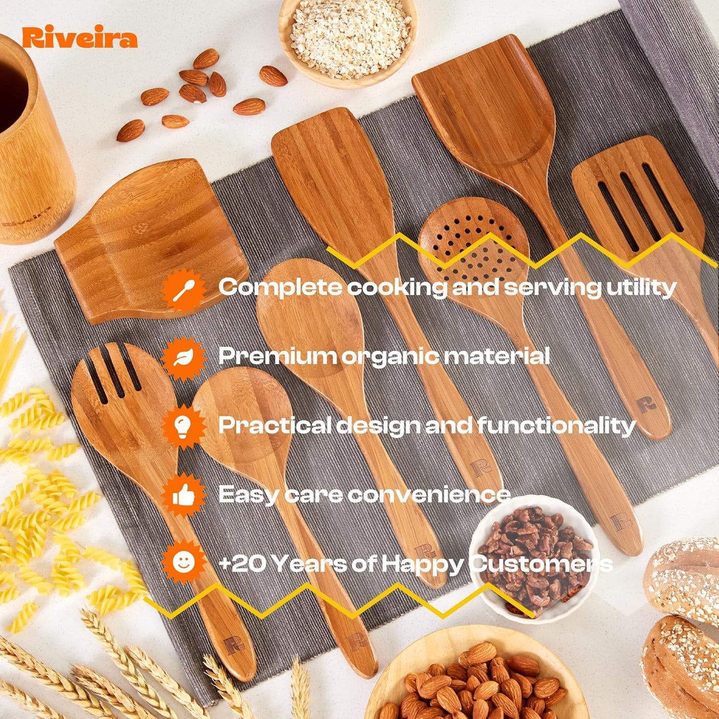 Riveira Natural Bamboo Wooden Cooking Utensils Set of 9 Premium Quality Non-Toxic Wooden Spoons and Spatulas for Cooking