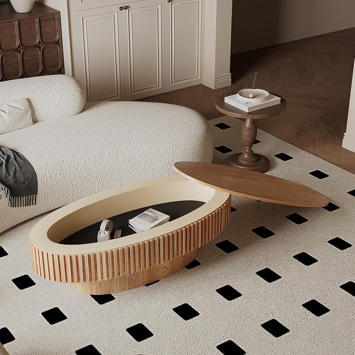 47.2''Oval Coffee Table with Storage, Mid Century Modern Drum Center Tables with Lid Fluted Solid Wood Side Coffee Table Pedestal Tea Table for Living Room, Bedroom, Apartmen-Natural