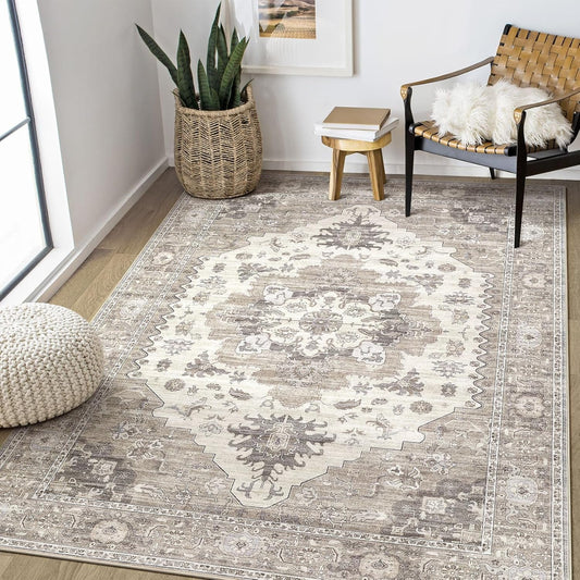 Washable Area Rugs for Living Room -6x9 Neutral Vintage Distressed Floral Farmhouse Boho Large Soft Floor Rug Indoor Non Slip Carpet for Living Room Bedroom Dining Room Office-Brown/Beige