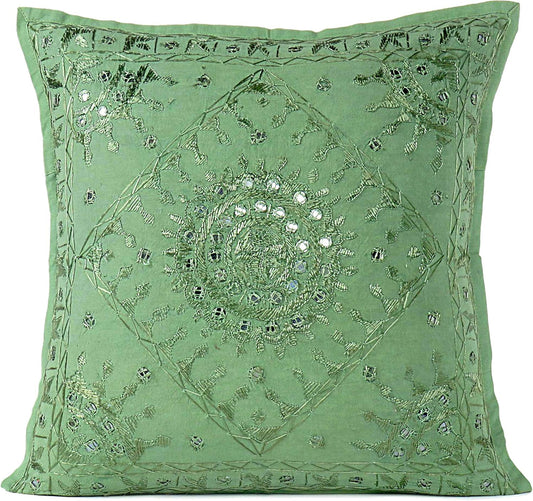 Eyes of India Embroidered Decorative Boho Throw Pillow Cover with Mirrors, Handmade Bohemian Accent Cushion Case for Sofa Couch Bedroom Living Room (Green, 24" x 24")