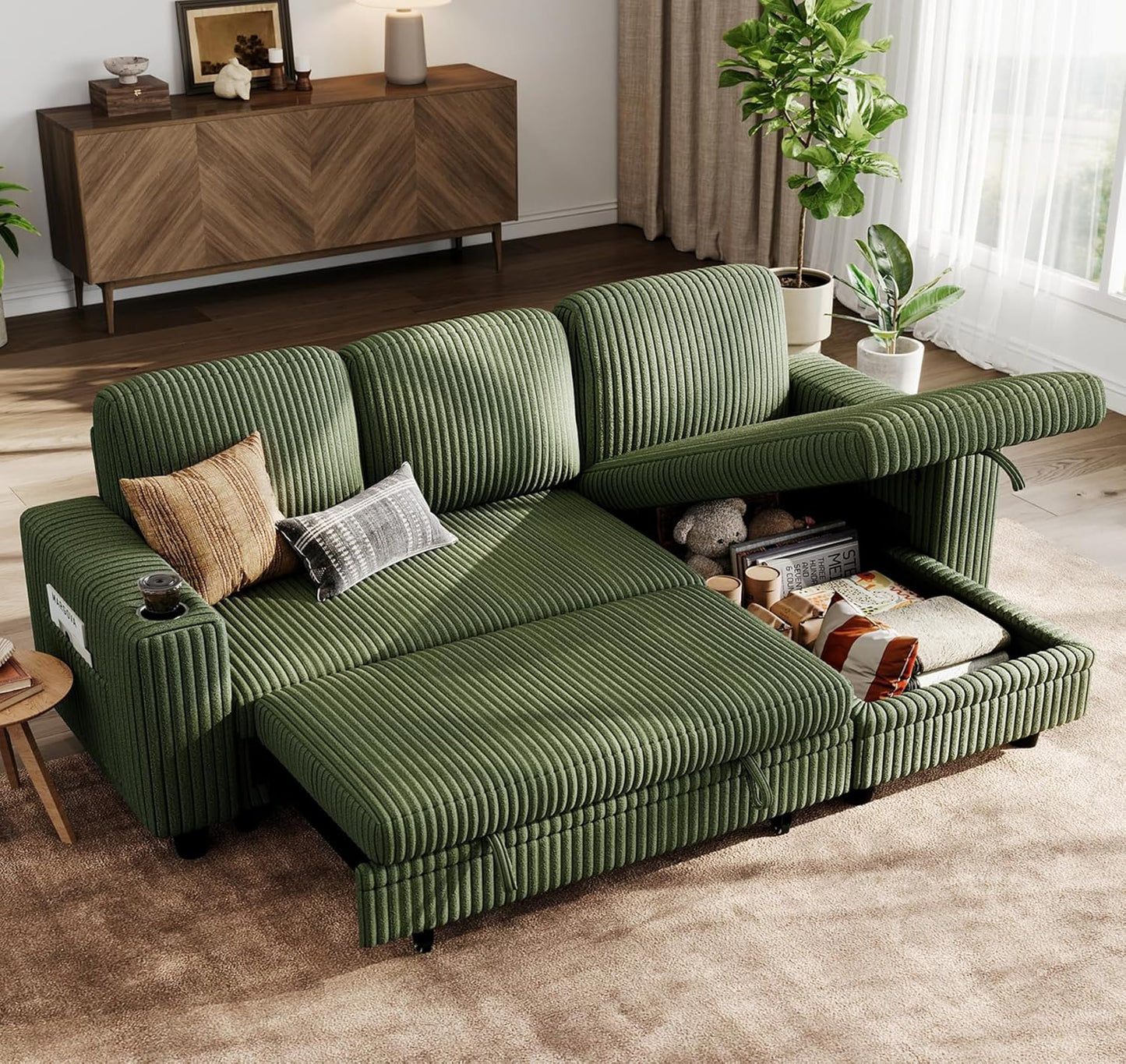 LINSY HOME Sectional Sleeper Sofa with Pull Out Couch Bed Convertible Plush Corduroy Cloud Couch with Storage Chaise & USB Charging, Comfy L Shaped Modular Couches for Living Room Apartment (Green)