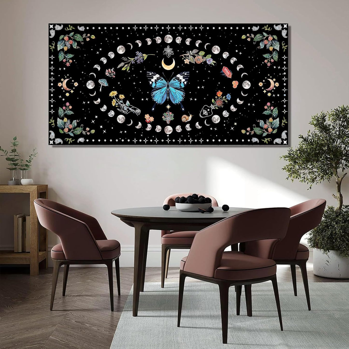 Canvas Wall Art Prints Blue Boho Wall art Decor Abstract Canvas Art Wall Decor Wall Pictures for Living Room Vintage Butterfly Wall Art Moon Flower Large Artwork for Walls Home Room Decor 24"X48"