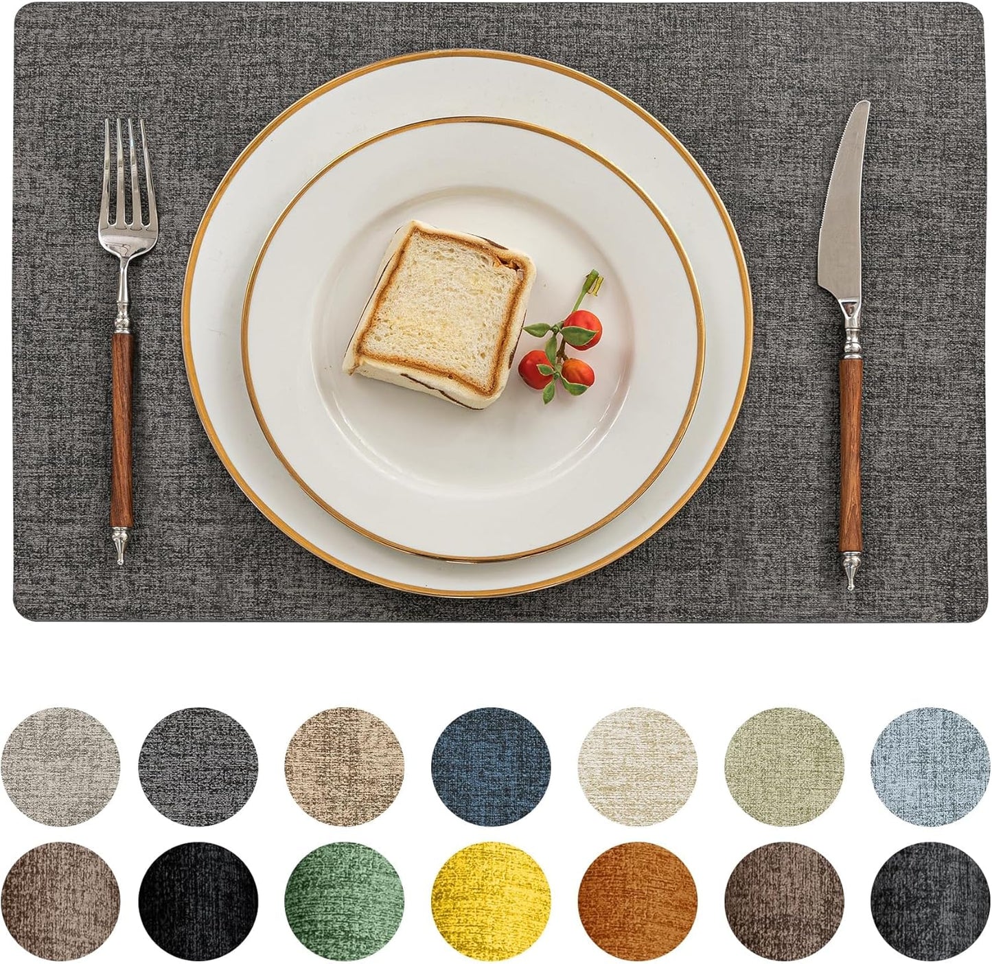 Romanstile Vinyl Placemats Set of 6-12 X 18 Inch - Heat Resistant Place Mats 100% Waterproof Oilproof Wipeable Reversible Faux Leather Table Mats for Kitchen/Dining/Party/Holiday, Dark Grey