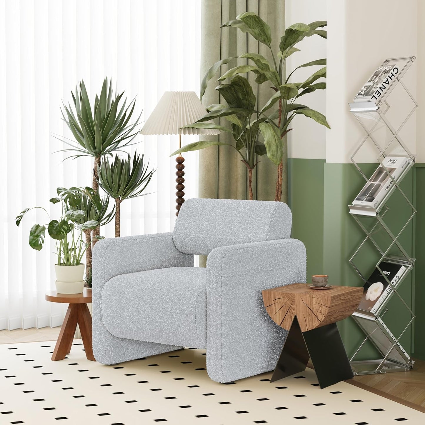 Accent Chair, Modern Boucle Fabric Armed Chair, Comfortable Single Sofa Chair for Living Room, Solid Wood Frame, Comfy Side Chair for Bedroom, Office, Reading(Grey)