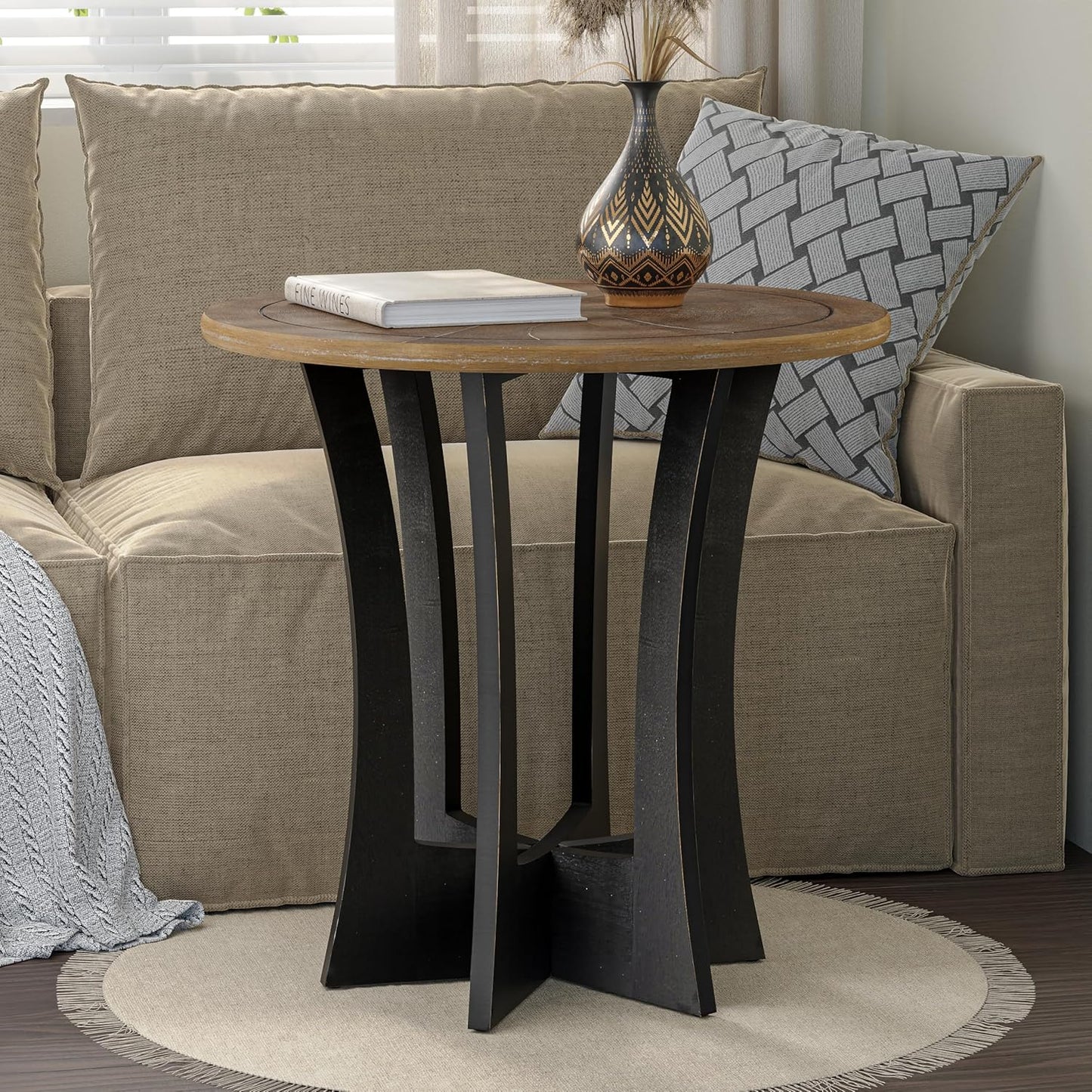 Farmhouse Round End Table with Criss-Cross Wood Legs, Rustic French Country Side Table for Dinning or Living Room, Modern, Black, Natural Wood