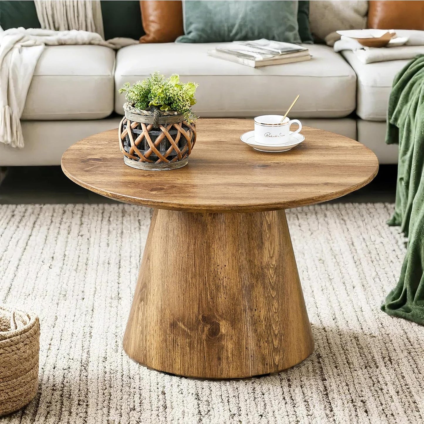 WILLIAMSPACE Round Coffee Table with Wooden Base, Modern Wood Small Circle Coffee Table Center Table with Natural Wood Grain Surface, Accent Side End Table for Living Room Apartment, φ25.6