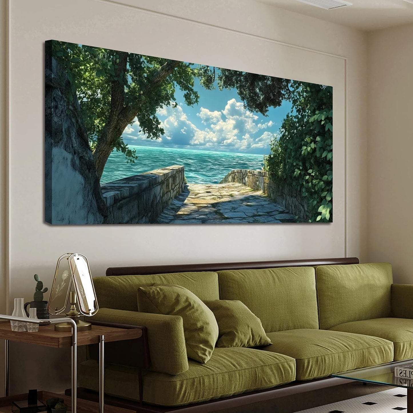 Canvas Wall Art Decor Large Wall Art Pictures for Living Room Canvas Art Wall Decor Landscape Coastal Wall Art Prints Green Artwork for Walls Beachside Art Work for Home Office Decor 24" x 48"