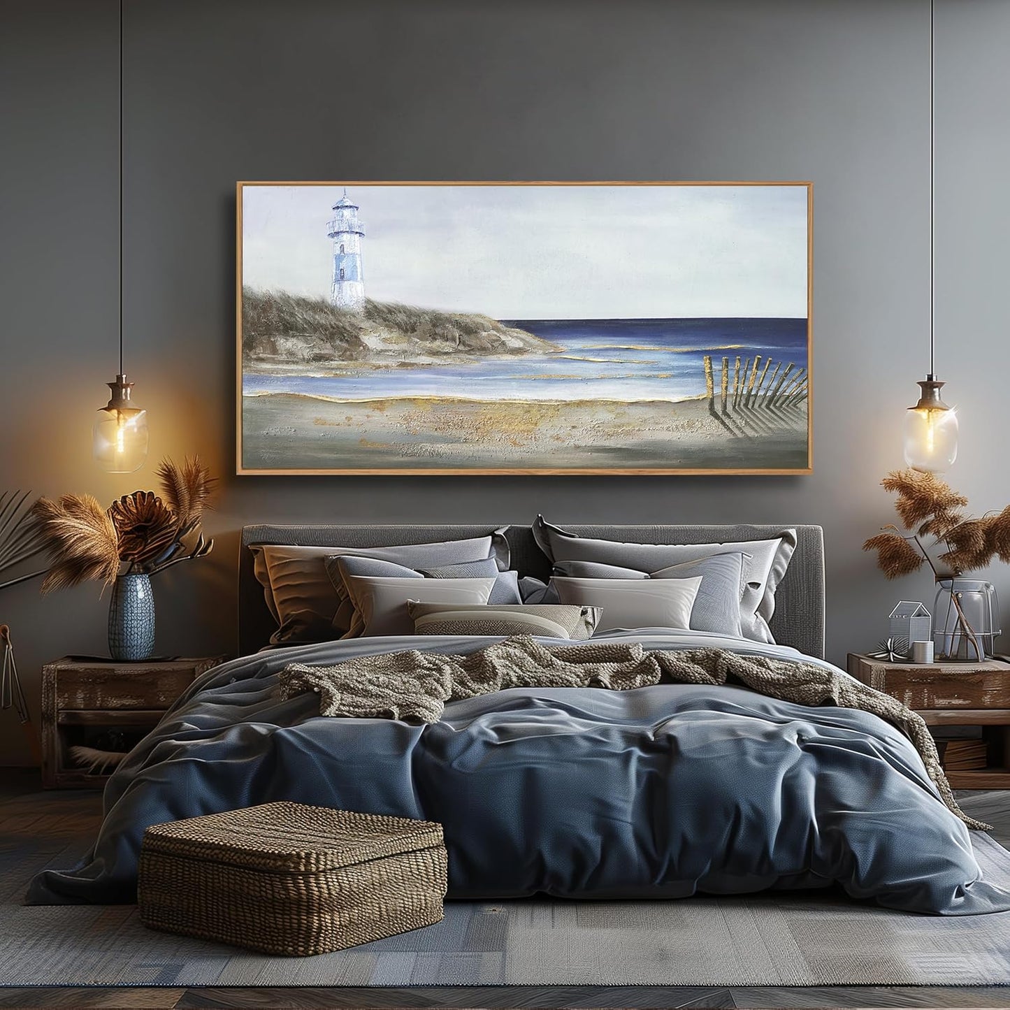 Yuaxker Large Ocean Wall Art Blue and Gold Wall Decor Framed Artwork Vogue Canvas Painting for Living Room Bedroom Dining Room Office Home Decor 30x60 Inch