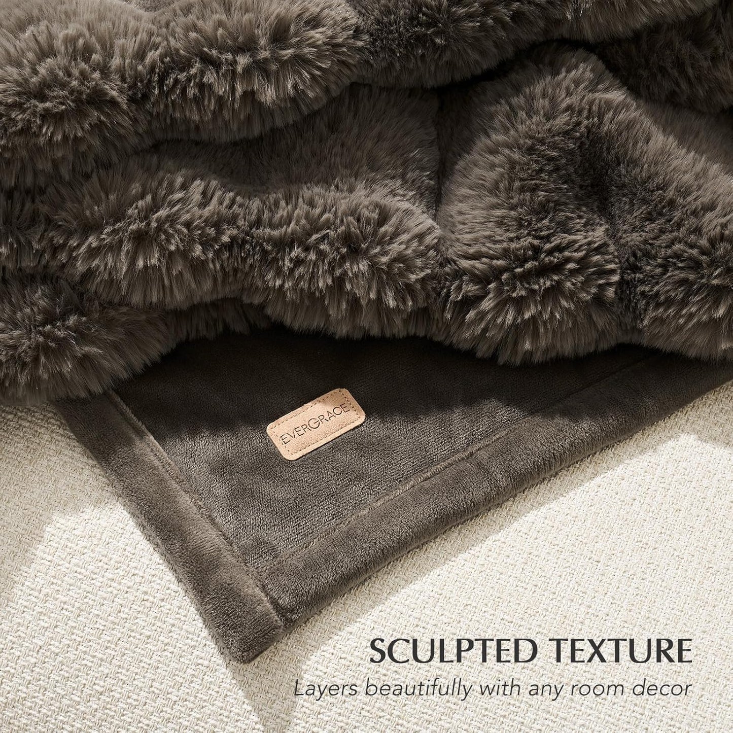 EVERGRACE Ultra Soft Luxury Fluffy Faux Rabbit Fur Throw Blanket, Thick Warm Fuzzy Blankets for Bed, Cozy Plush Reversible Blanket for Couch, Chair, Sofa, Dark Taupe, 60x80 Inches, 870 GSM
