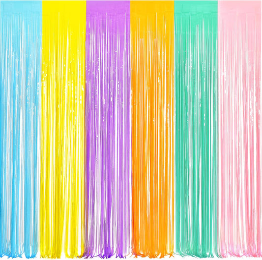 BRAVESHINE Tinsel Foil Fringe Curtains - 2Pcs 3.2x8.2ft Pastel Colourful Photo Backdrop for Sweet Birthdays Easter Bunny Bridal Shower Fairy Kids Candy Donut Party Decorations