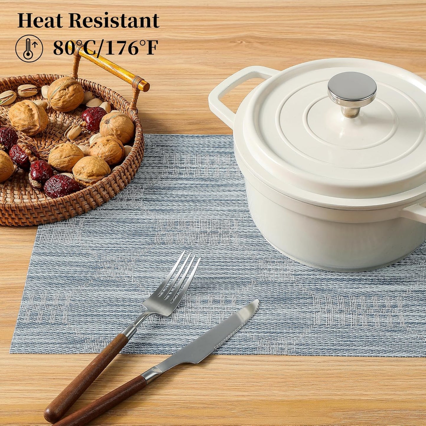 Leetaltree Jacquard Blue Placemats Set of 4 - Heat Resistant Non-Slip Place mats for Dining Table, Washable Durable PVC Vinyl Woven Table Mats (Jacquard Blue, 4)