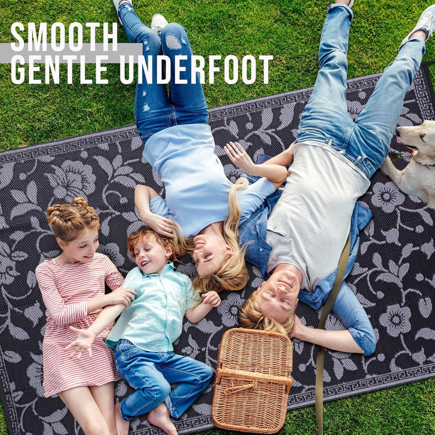 OLANLY Waterproof Outdoor Rug 6x9 ft, Outdoor Plastic Straw Rug with Flower Pattern, Reversible RV Mat for Patio, Camping, Balcony, Deck, Backyard, Black & Grey