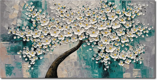 3D Abstract Art Oil Painting White Flower Tree Painting Textured Palette Knife White Flower Painting Modern Canvas Wall Art Home Decoration Home Painting (24x48 inches)
