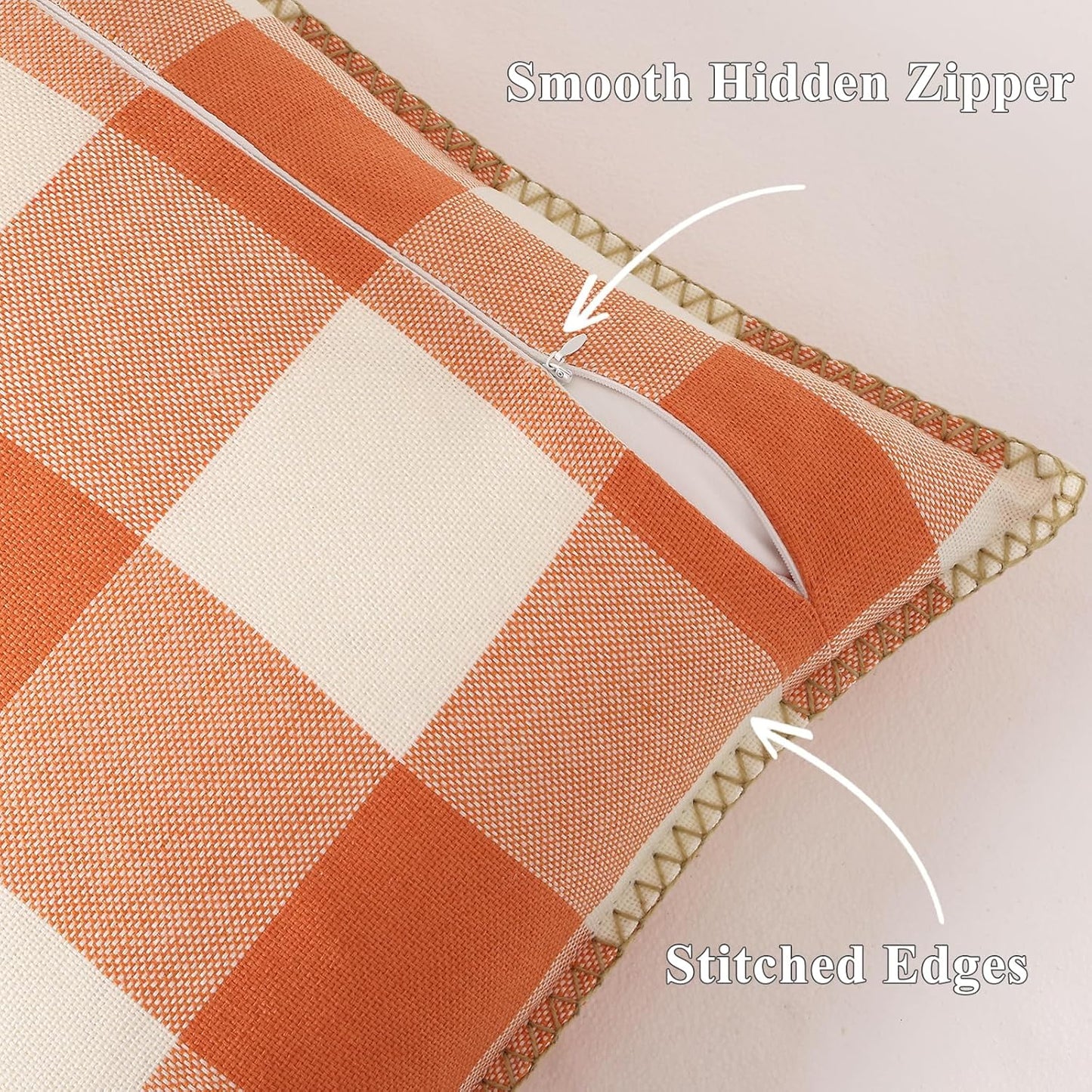 decorUhome Fall Orange and White Decorative Throw Pillow Covers 20x20 Set of 2, Buffalo Plaid Check Farmhouse Cushion Covers with Stitched Edge for Autumn Harvest Couch Sofa Bed Home Decor