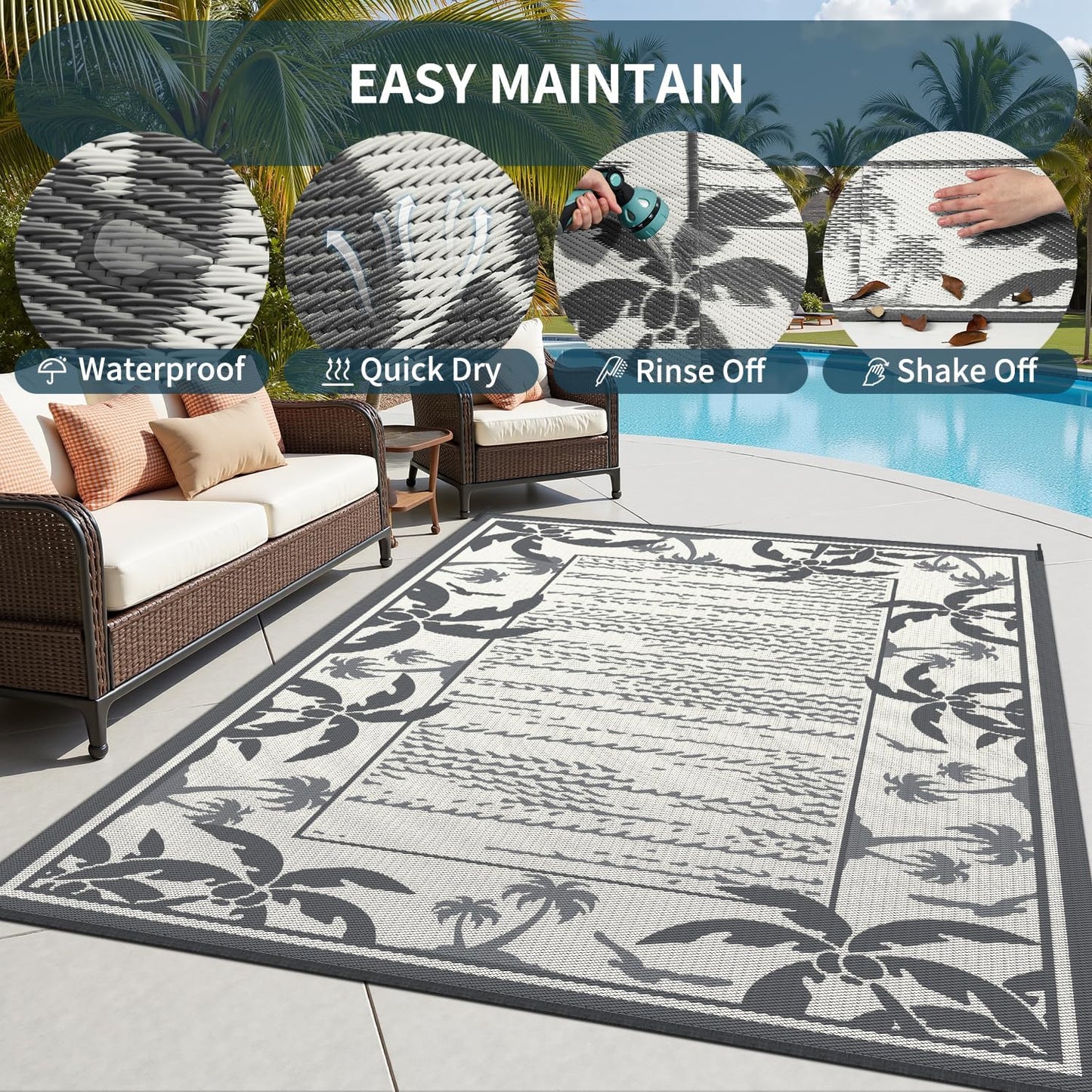 COCOER Outdoor-Rug 8x10 ft Waterproof Reversible Outdoor Plastic Straw Rug RV Indoor Outdoor Carpet Quick Dry Patio Rug Camping Mat for Balcony Backyard Picnic Beach-Grey&Beige