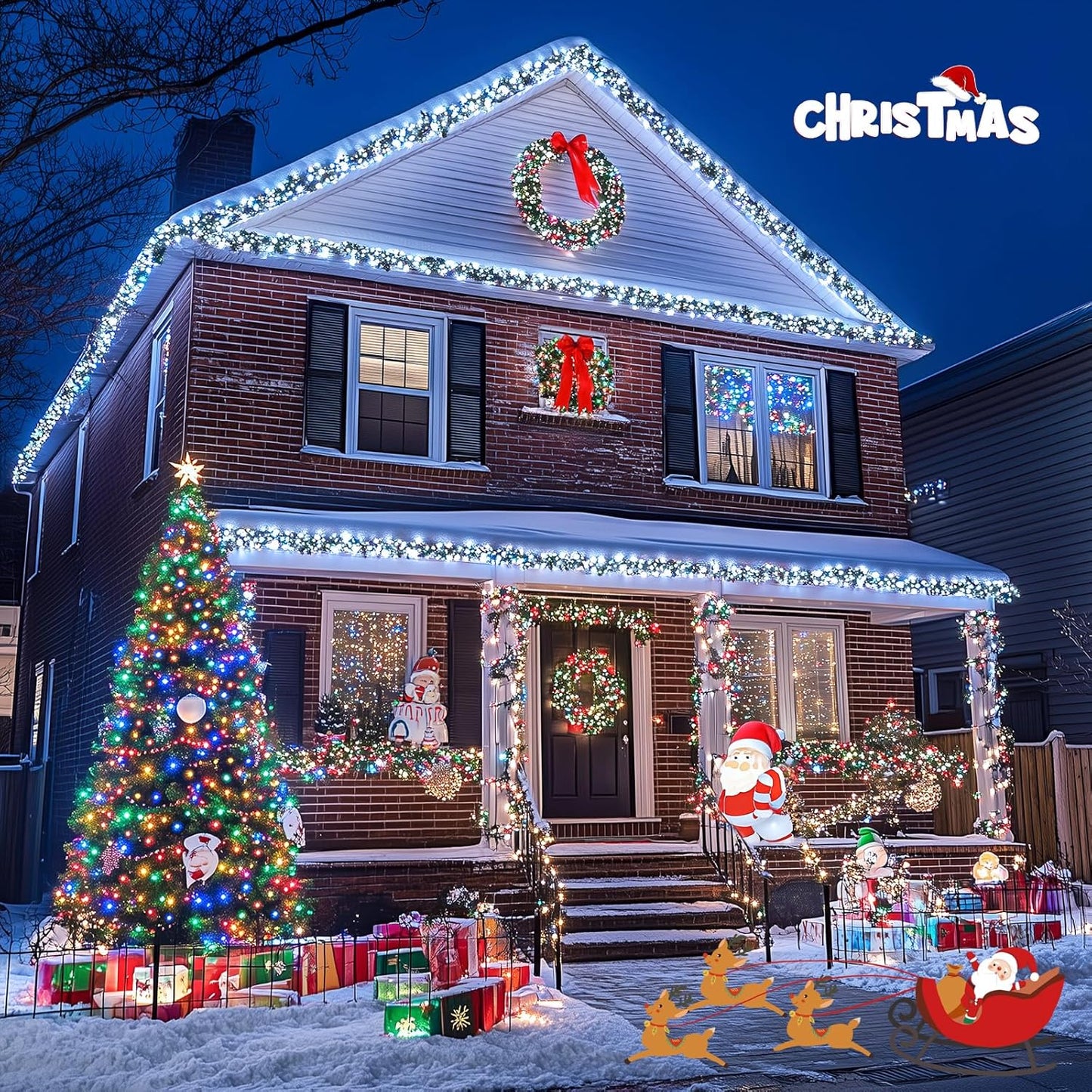 JMEXSUSS 2 Pack White & Multicolor Solar Christmas Lights Outdoor, Each 100 LED 33ft Solar Color Changing Lights Outdoor Waterproof for Christmas Tree Yard Decorations