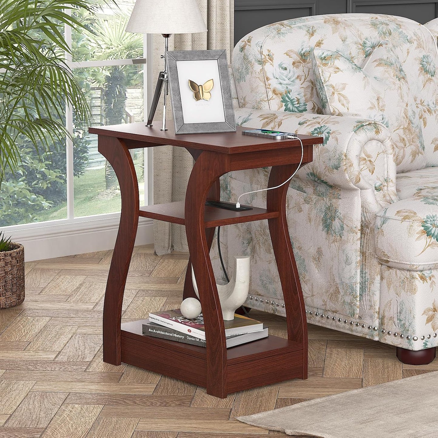 End Tables Living Room, Cherry End Table with Charging Station, Nightstand for Bedroom, 3 Tier End Table with Storage Shelf for Living Room(Cherry)