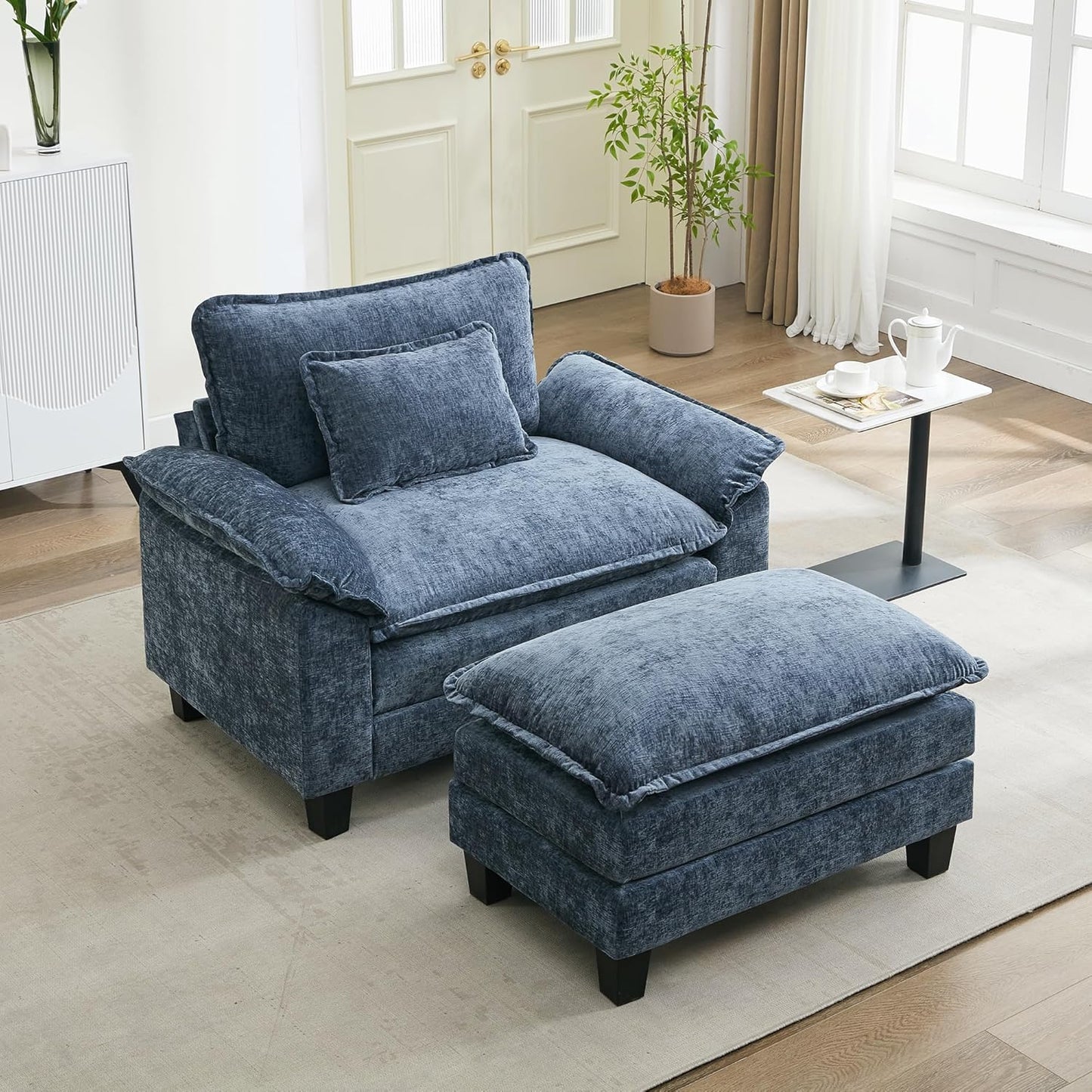 URRED Modular Sectional Sofa Comfy Cloud Couch, Modern Chenille Sofa Sleeper Deep Seat Couches with Ottoman/Pillows for Living Room (Blue, 53''- Ottoman)