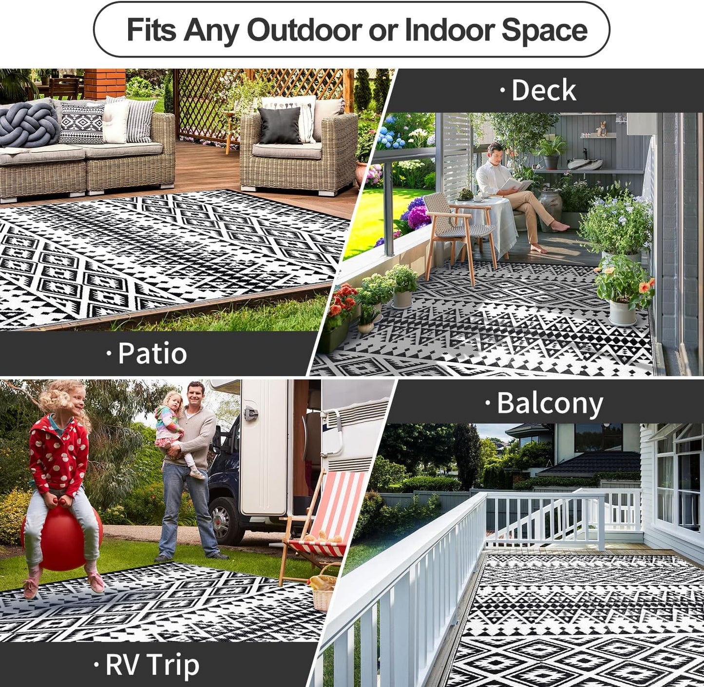 Waterproof Outdoor Rug 6x9ft, Bohemia Reversible Plastic Straw Mat for Patio RV Deck Porch Backyard Balcony Camping Picnic Beach Indoor Outdoor Carpet, Black&White