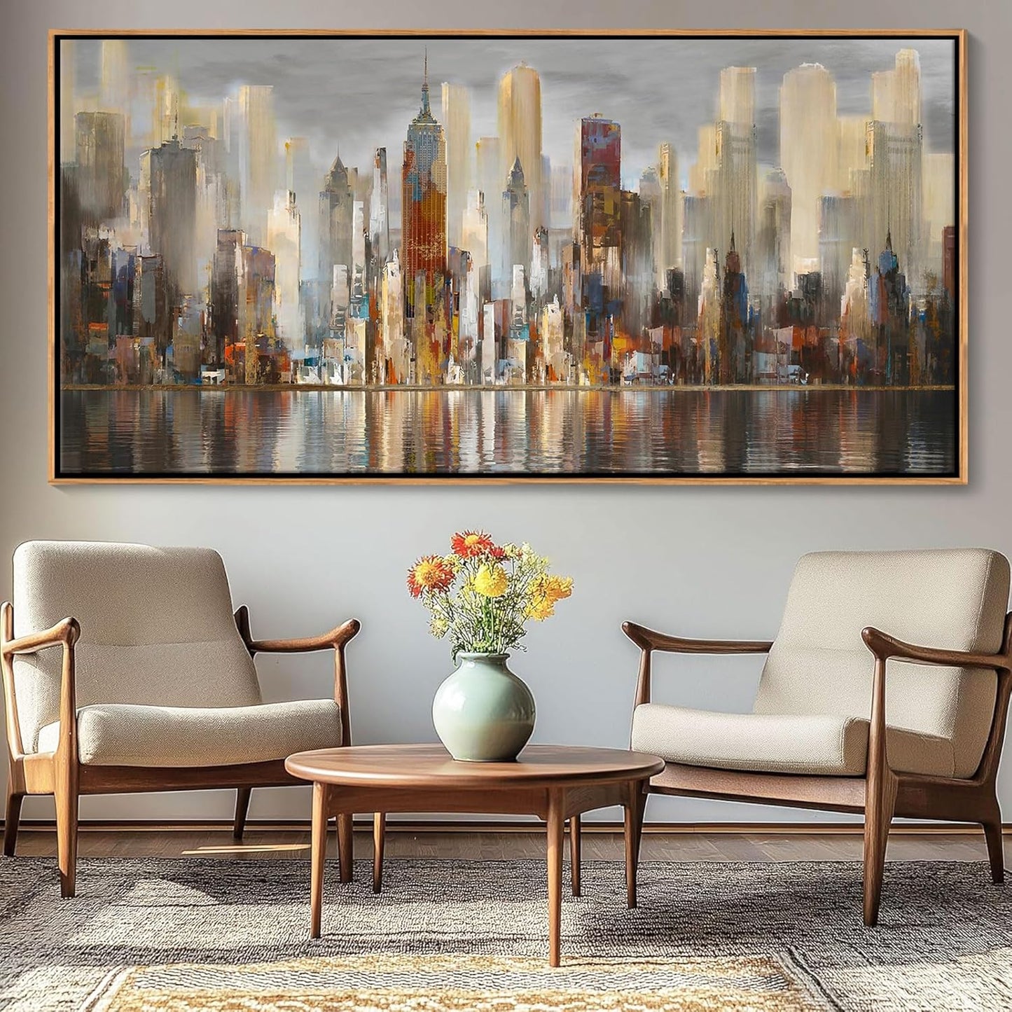 Mofutinpo Abstract Modern Canvas Wall Art for Living Room Cityscape New York Wall Decor City Theme Paintings Brown Framed Pictures Office Artwork Wall Decor Bedroom Above Bed