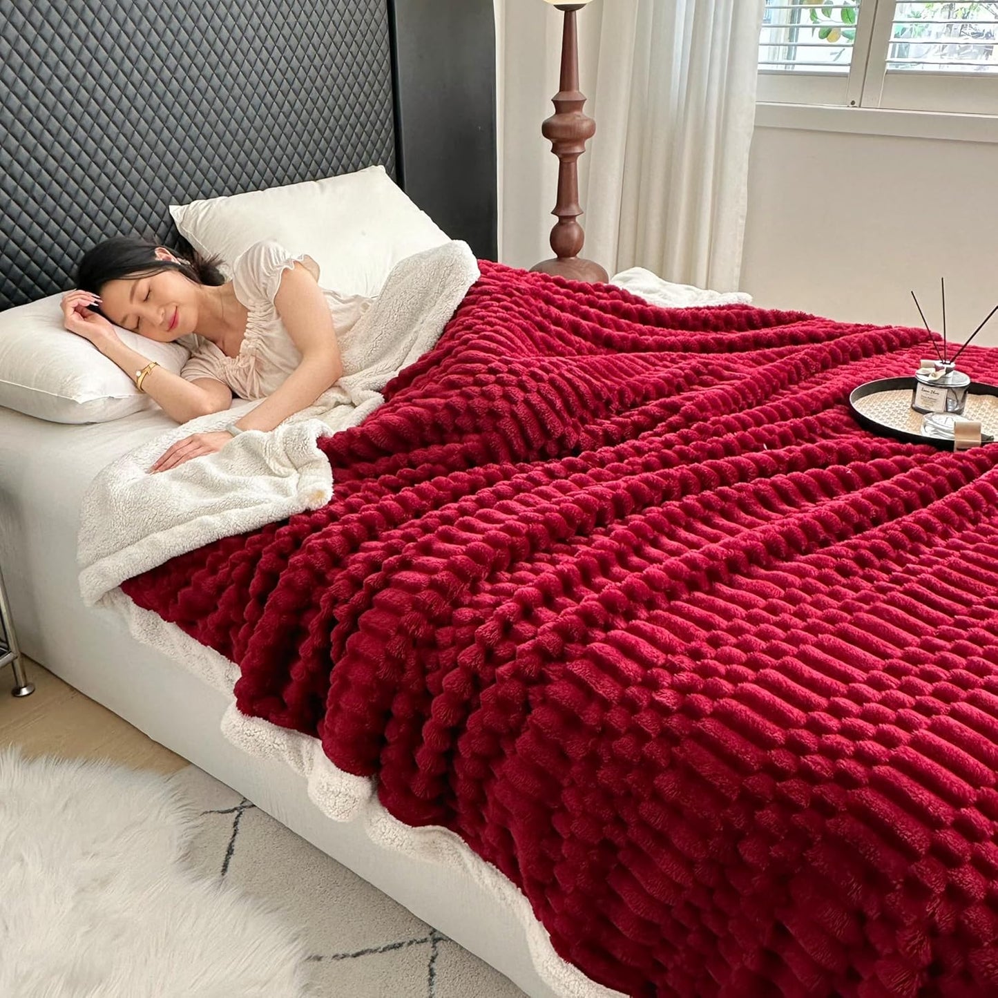 UKELER Sherpa Throw Blanket 60 × 80 inch, 470 GSM Striped Sherpa Fleece Blanket for All Season, Warm and Cozy Blankets for Couch Sofa Bed Office Camping, Red