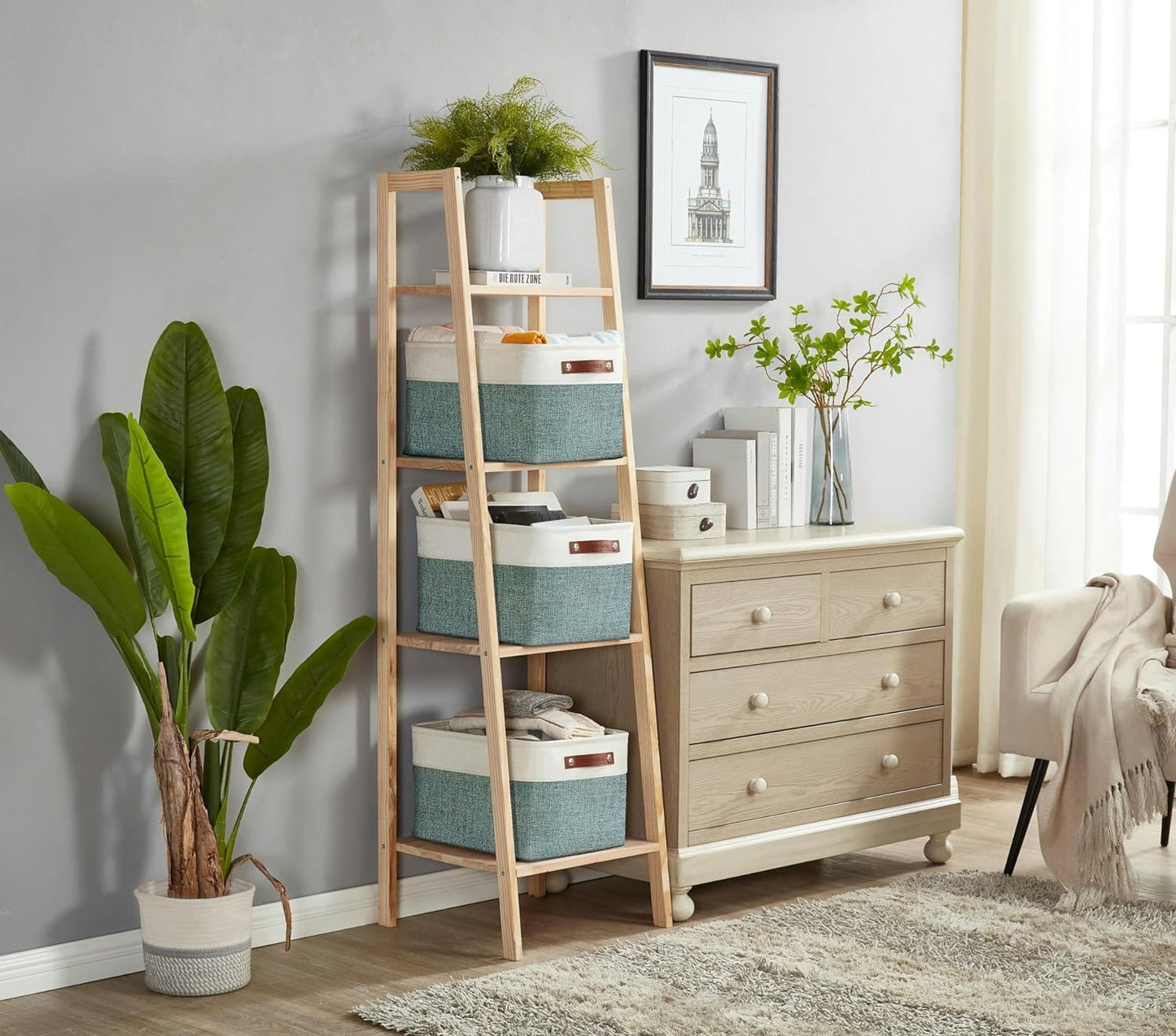 DECOMOMO Storage Baskets for Shelves - Fabric Closet Organizers and Storage Bins, Perfect Baskets for Organizing Closet Toys Nursery (Green and White, XL - 3 Pack)