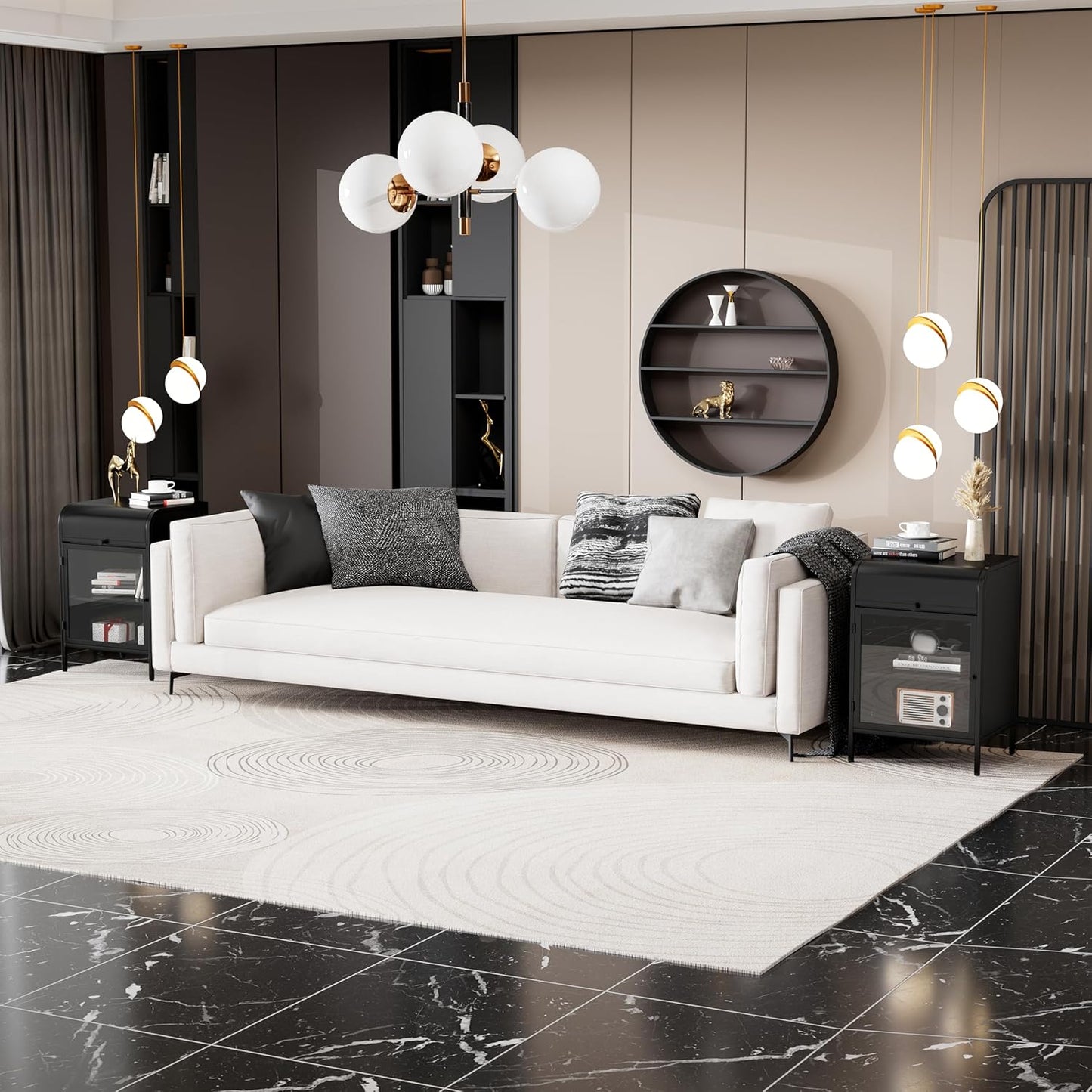 Modern Metal Side Tables Set of 2, End Tables with Glass Door, 2-Tier Nightstands with Storage Shelves, Accent Table, Slim Sofa Table for Living Room, Bedroom (Black)