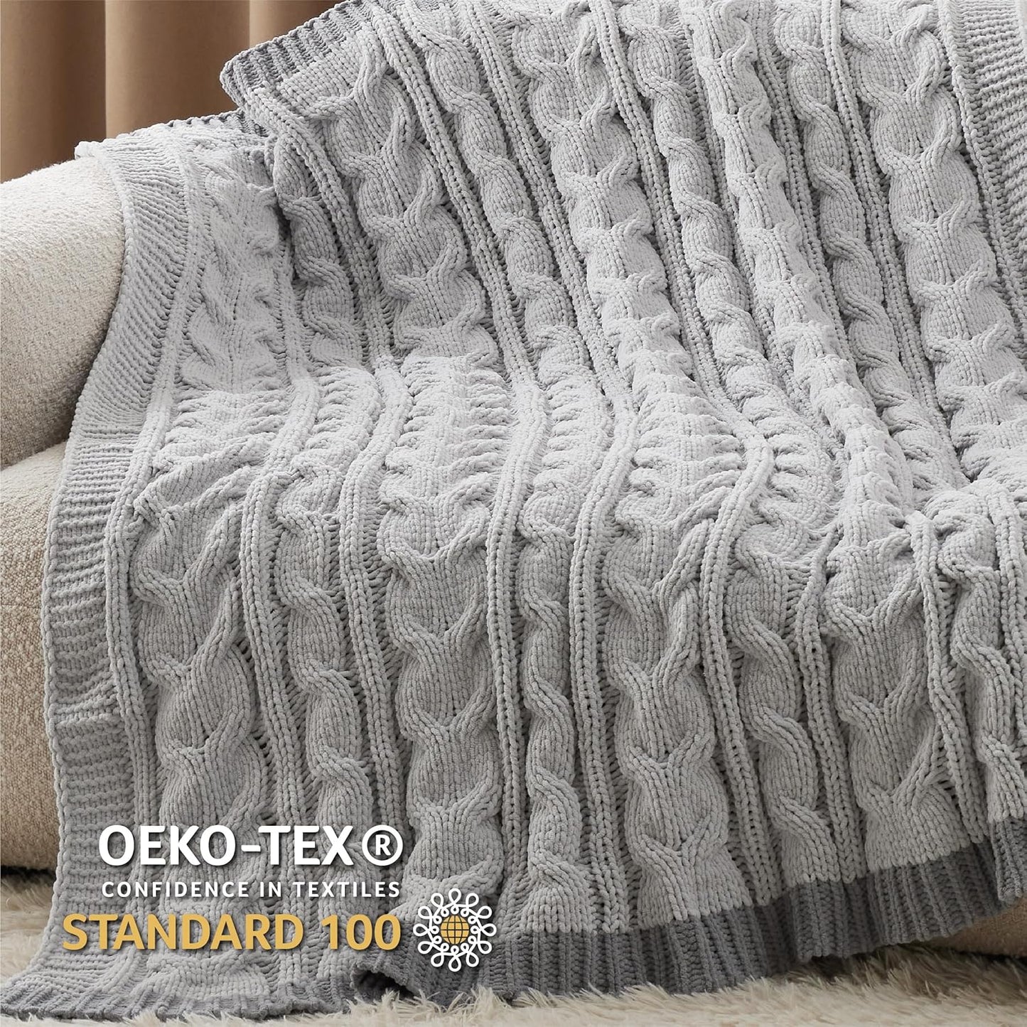 Bedsure Cable Knit Twin Blanket for Couch Bed - Breathable Chenille Chunky Knit Twin Blanket for Decorative Gift, GentleSoft Cozy and Warm for Winter and All Seasons, Grey, 60x80 Inches