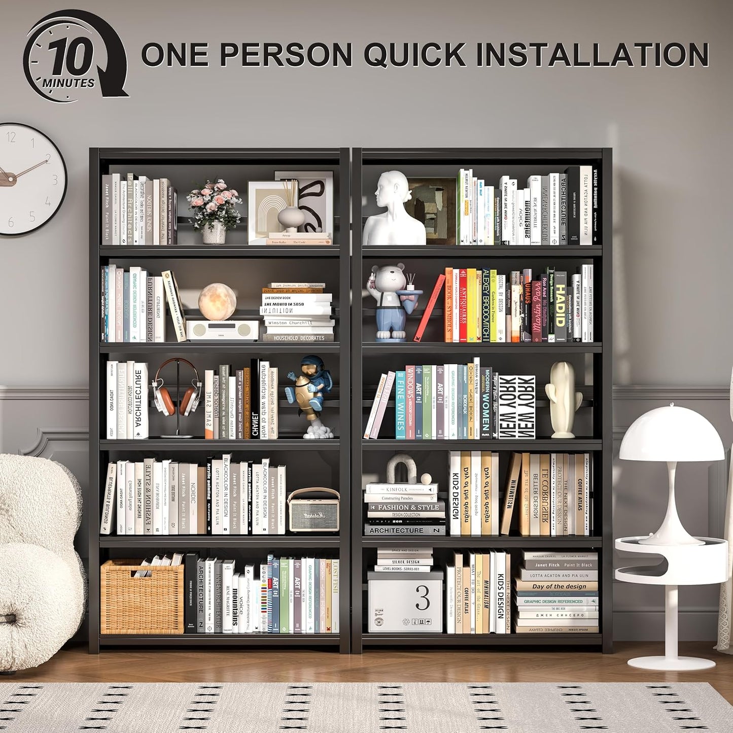 5 Tier Book Shelf, Metal Bookshelf, 69.3” Tall Black Bookcase, Free-Standing Industrial Bookshelves, Tools-Free Assembly Book Storage Organizer for Bedroom, Living Room, Office (Black)