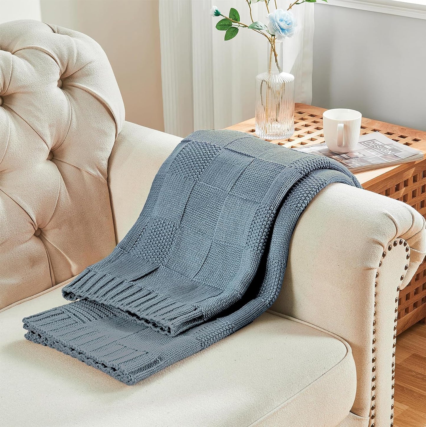 CozeCube Check Knit Throw Blanket, Dusty Blue Checkered Throw for Couch, Decorative Christmas Soft Cozy Warm Knitted Blanket for Bed Sofa Living Room, 60"X80"