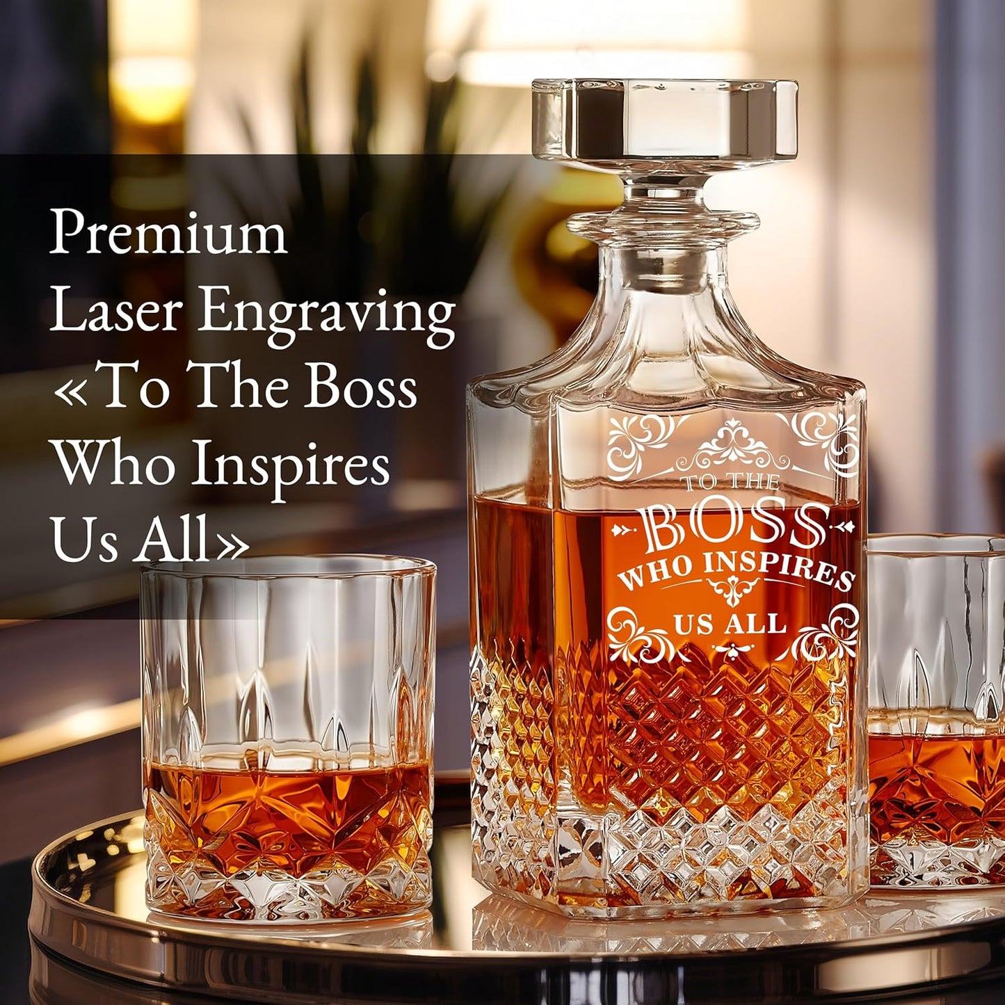 Luxury Gift For Boss - Boss Who Inspires Us All - Unique Engraved Whiskey Decanter Set For The Leader or Dad Christmas, Birthday Gift – 4 Whiskey Glasses And Decanter Set for Whisky, Bourbon Ets.