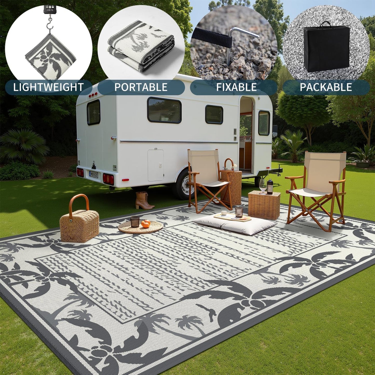 COCOER Outdoor-Rug 8x10 ft Waterproof Reversible Outdoor Plastic Straw Rug RV Indoor Outdoor Carpet Quick Dry Patio Rug Camping Mat for Balcony Backyard Picnic Beach-Grey&Beige
