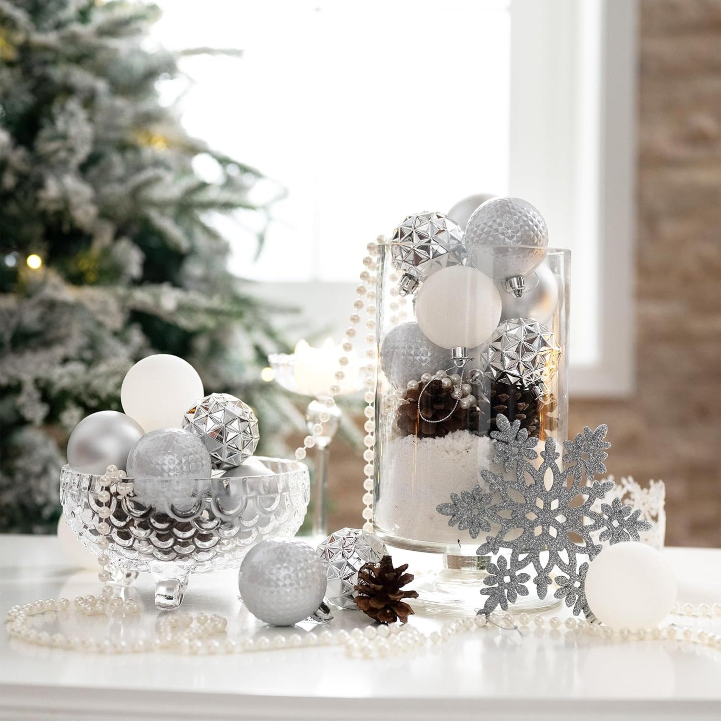 Valery Madelyn Christmas Tree Decorations Ornament Set for Fall Halloween, 50ct 2 Inches White and Silver Shatterproof Christmas Ball Ornaments Hanging Xmas Holiday Party Decor