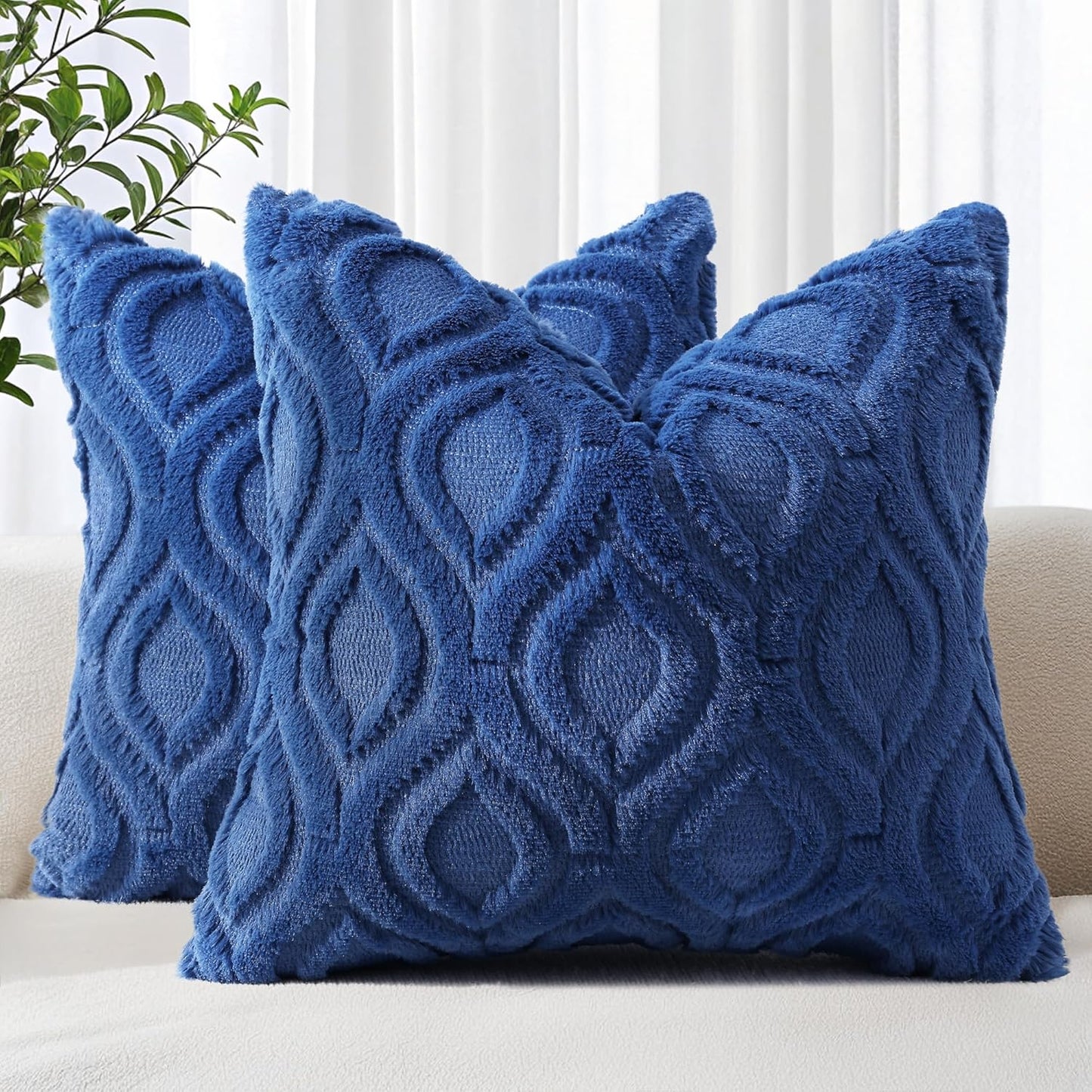 decorUhome Fall Throw Pillow Covers 26x26 Inch Set of 2, Soft Plush Decorative Faux Fur Dark Blue Solid Couch Pillow Covers, Accent Farmhouse Neutral Square Euro Pillow Cases for Sofa Bed Living Room
