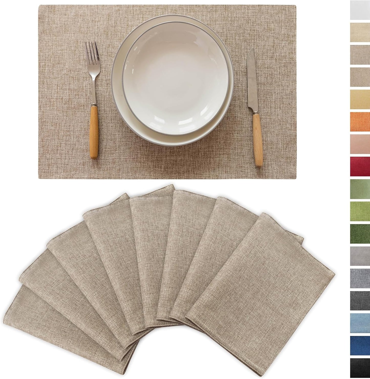 Demetex Table Placemats Linen Place Mats Set of 8 Natural Heat Resistant Cloth Plate Mats for Indoor Dining Room Restaurant Cafe, 13x19 inch, Linen