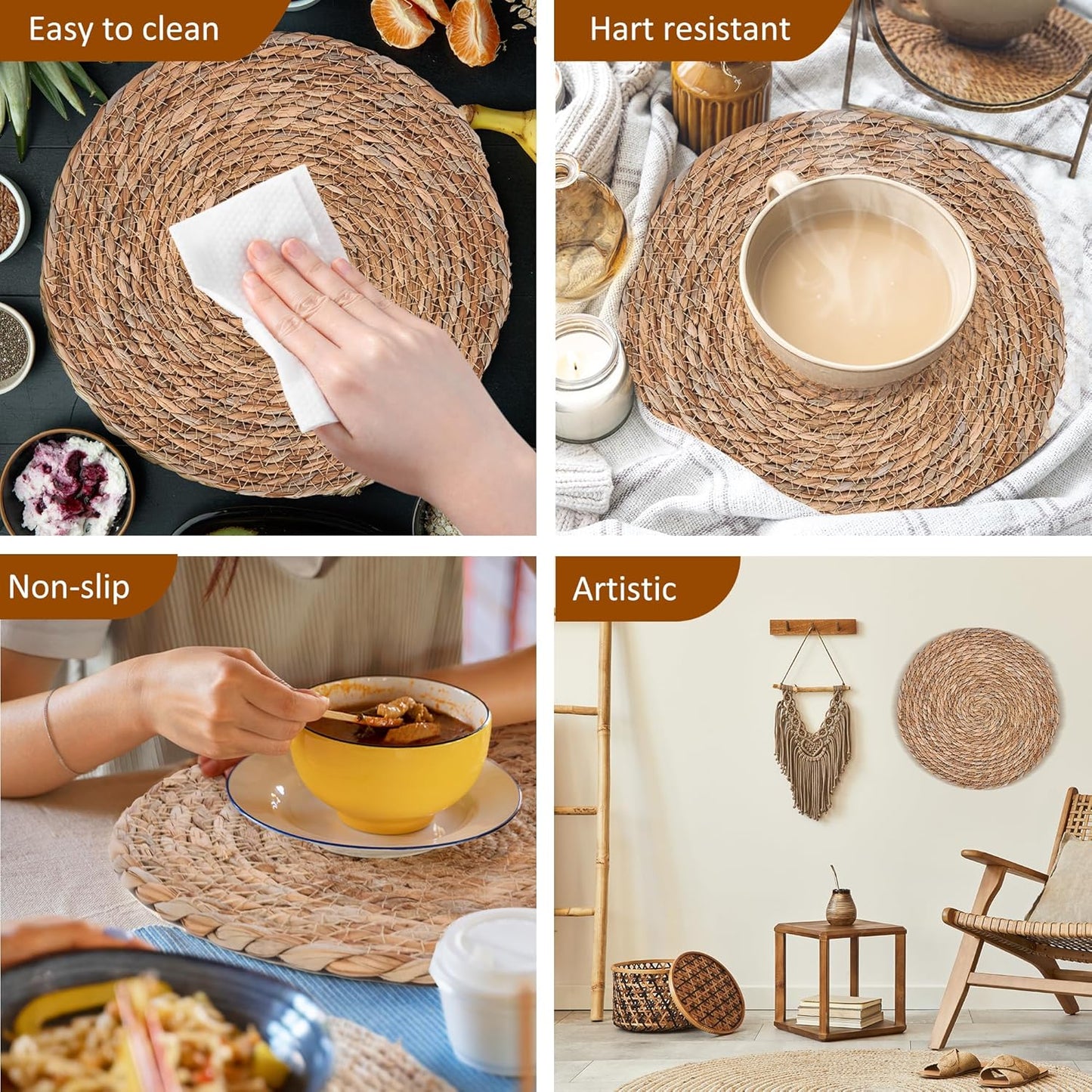 Defined Deco Woven Placemats Set of 10,13.5" Round Rattan Placemats,Farmhouse Weave Rustic Braided Wicker Table Mats for Dining Table Home Wedding