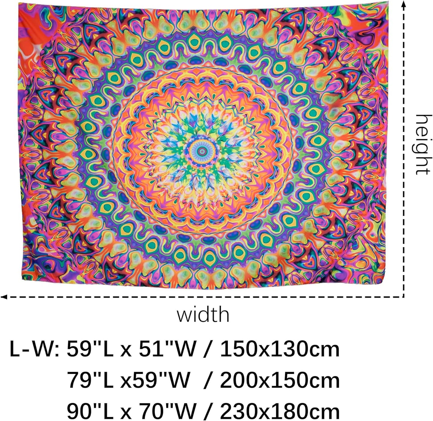 OSVINO Blacklight Colorful Mandala Tapestry 90"x70" Kaleidoscopic Trippy Room Decor Black Light Poster Bohemian Wall Decor for Bedroom Backdrop Decor