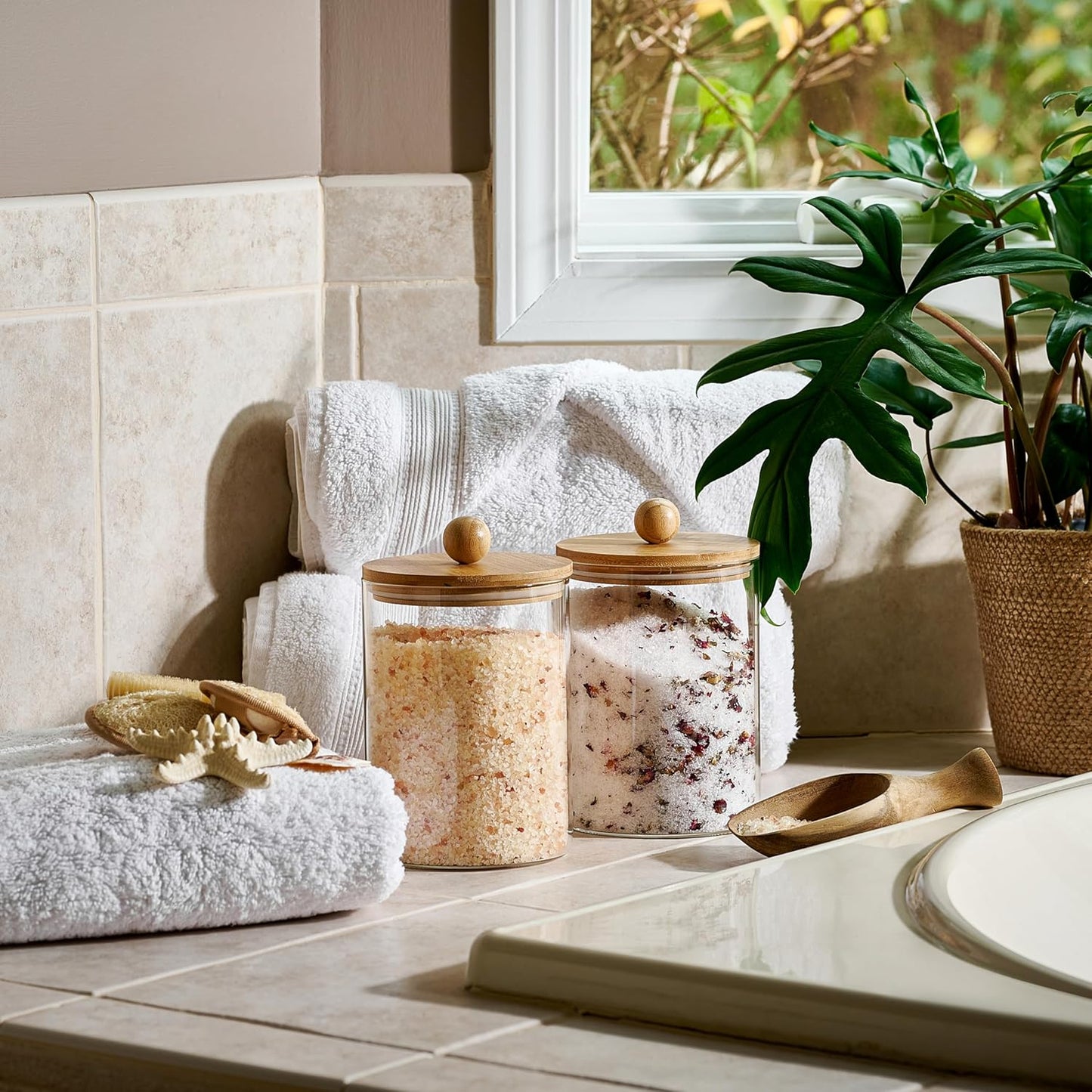 Set of 2 Large Glass Canisters for Kitchen Counter with Airtight Bamboo Lids + Marker & Labels - Cookie Jars with Wooden Lid, Food Storage Containers for Pantry, Flour Pasta Candy Coffee Pods - 68oz.