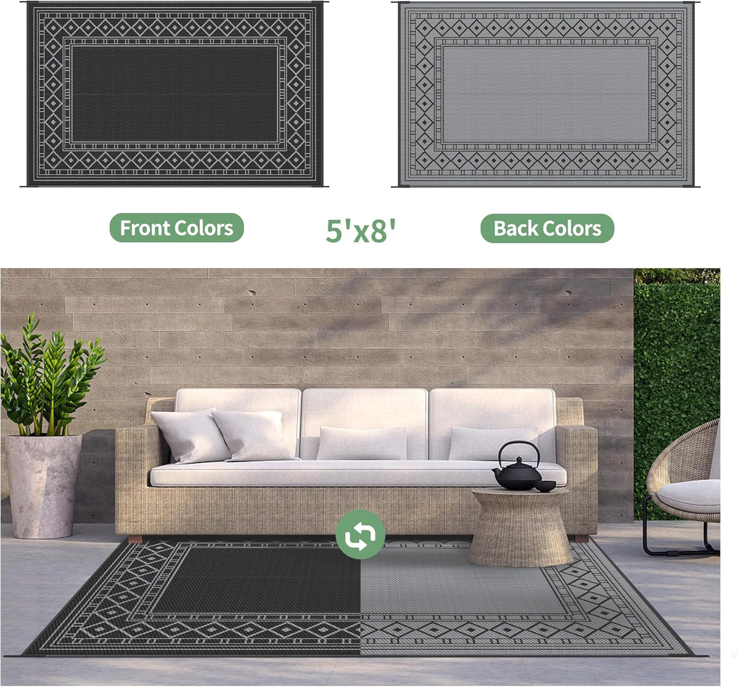 GENIMO Outdoor Rug 5'x8' Waterproof for Patio Decor, Reversible Outdoor Plastic Straw Rug Carpet, Camping Mats for Outdoor, RV, Backyard, Deck, Balcony, Picnic, Black & Grey