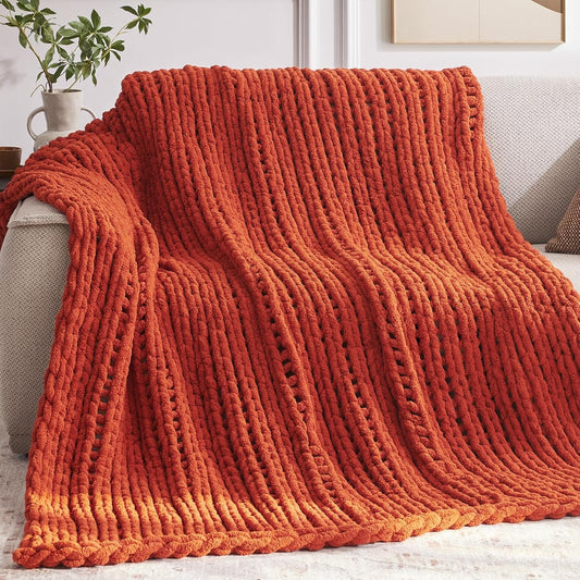Chunky Knit Throw Blanket, 60''*80'' Knitted Throw Chenille Yarn for Bed Couch, Handmade Orange Crochet Big Thick Blanket, Machine Washable Cute Comfy Blanket for Home Decor