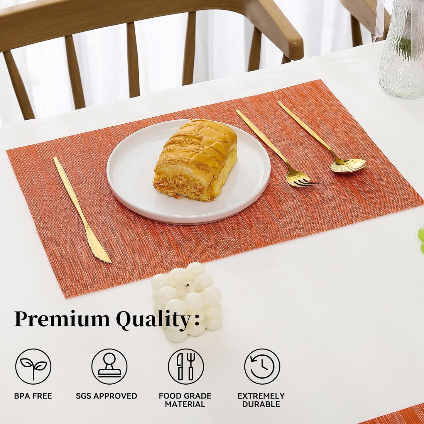 Leetaltree Orange Placemats Set of 12 - Heat Resistant Non-Slip Place mats for Dining Table, Washable Durable PVC Vinyl Woven Table Mats（Orange, 12）