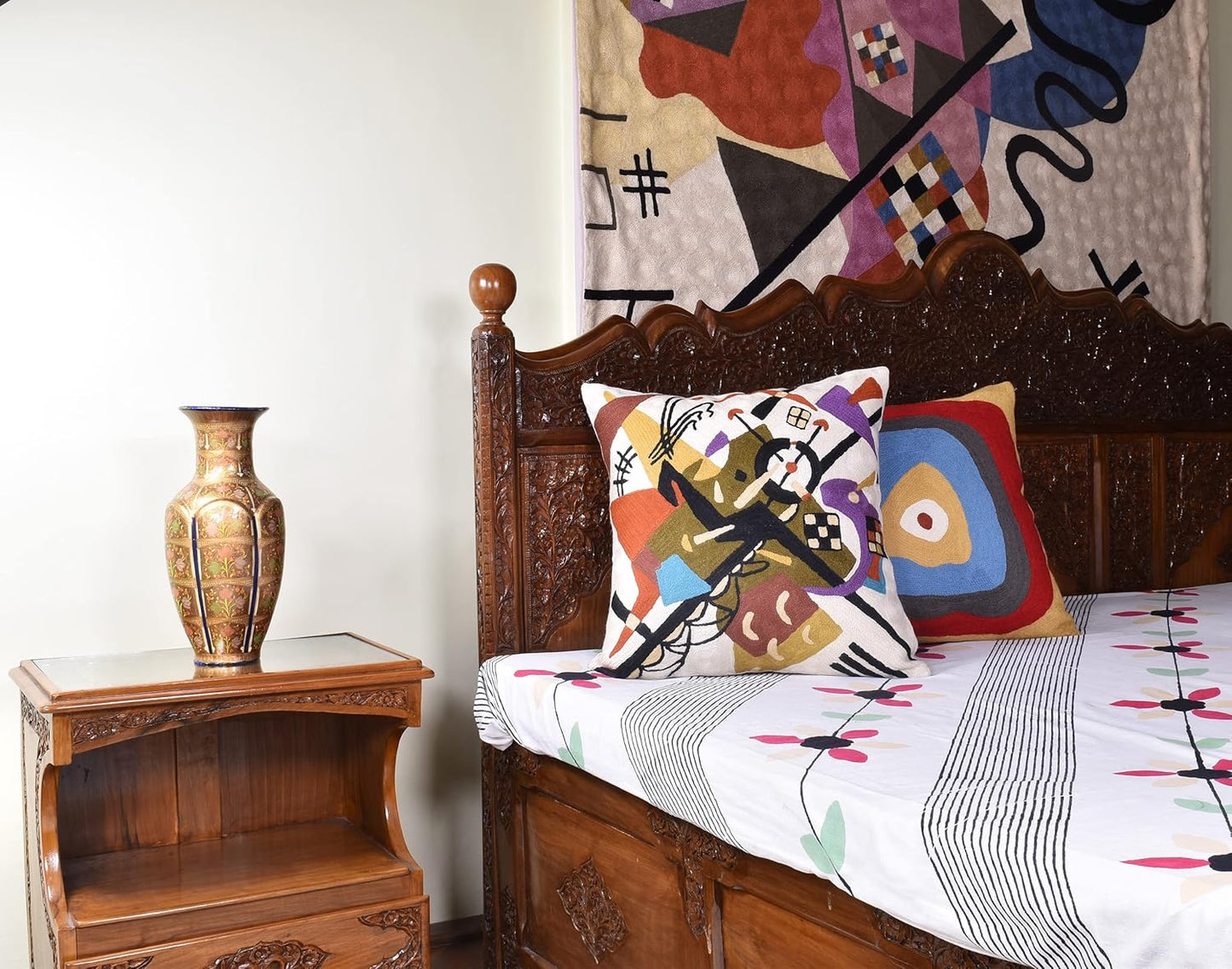 Kandinsky Abstract Pillow Cover - White Modern Throw Pillowcase Cream Chair Cushion Contemporary Farmhouse Pillows Modern Couch Handmade Wool Size 18x18