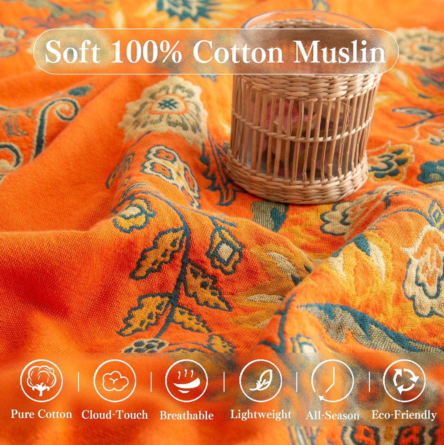 Boho Throw Blanket Full Size, Extra Large Soft Cozy Cotton Muslin Quilt Blanket for Bed Decor, Floral Patterned Couch Sofa Chair Cover, Vintage Farmhouse Cottage Woven Blanket, Orange&Green