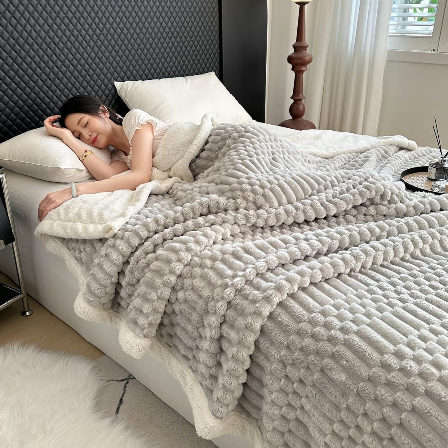 UKELER Sherpa Throw Blanket 60 × 80 inch, 470 GSM Striped Sherpa Fleece Blanket for All Season, Warm and Cozy Blankets for Couch Sofa Bed Office Camping, Silver Gray