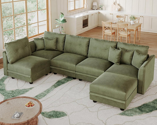 LLappuil Modular Sectional Sofa with Storage Seats, Corduroy Convertible Modular U Shaped Sectional Couch for Living Room, 6 Seat Oversized Sofa with 5 Back Cushion 5 Throw Pillow, Green