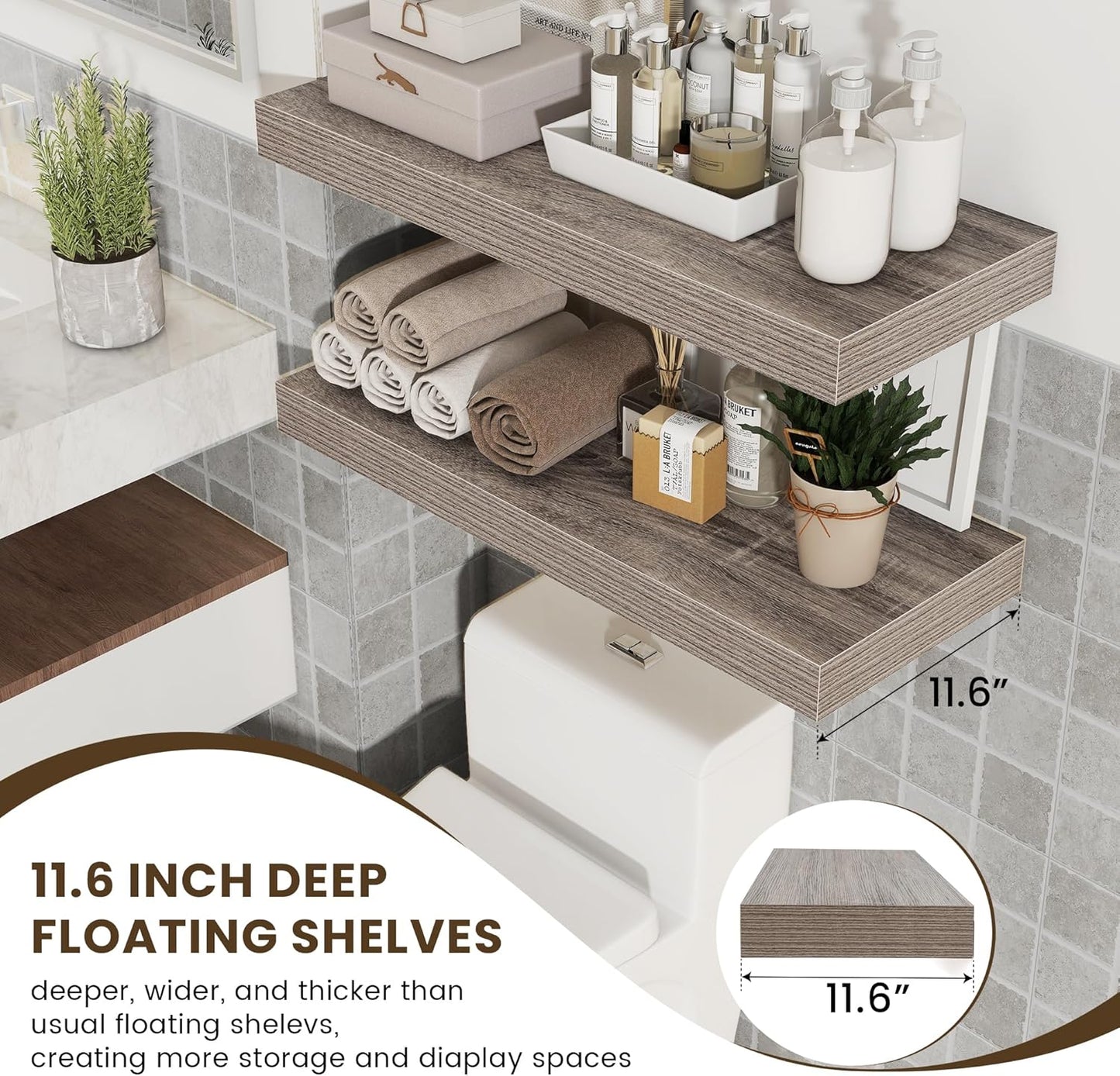 12 Inch Deep Floating Shelves for Wall | 30 Inch Floating Shelves Set of 2 | Rustic Grey Wood Shelves for Living Room Bathroom Laundry Room Bedroom Kitchen Home Office - Rustic Grey
